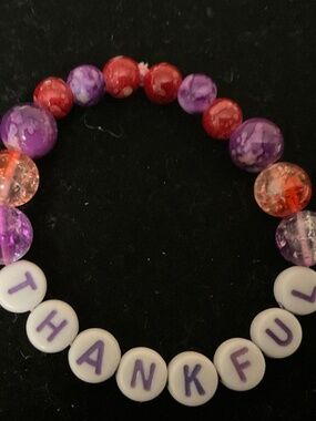 Handmade THANKFUL Stretch Bracelet-Purple & Orange-White Letter Beads-3.5"